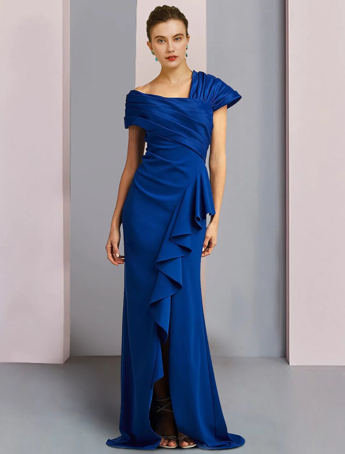Wholesale Mermaid / Trumpet Mother of the Bride Dress Formal Wedding Guest Elegant One Shoulder Sweep / Brush Train Satin Sleeveless with Ruched Ruffles